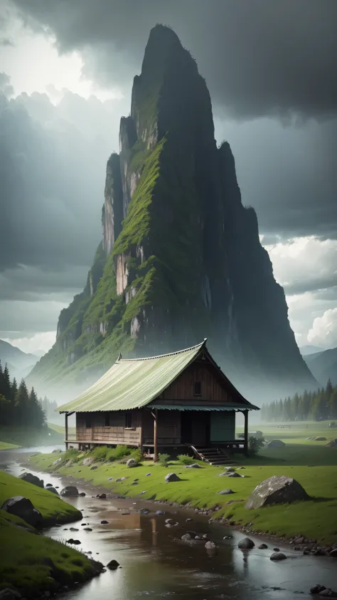 old hut under green mountain, with river, cloudy weather and heaven rain, dark cloudy, high resolution, 8k, detail object