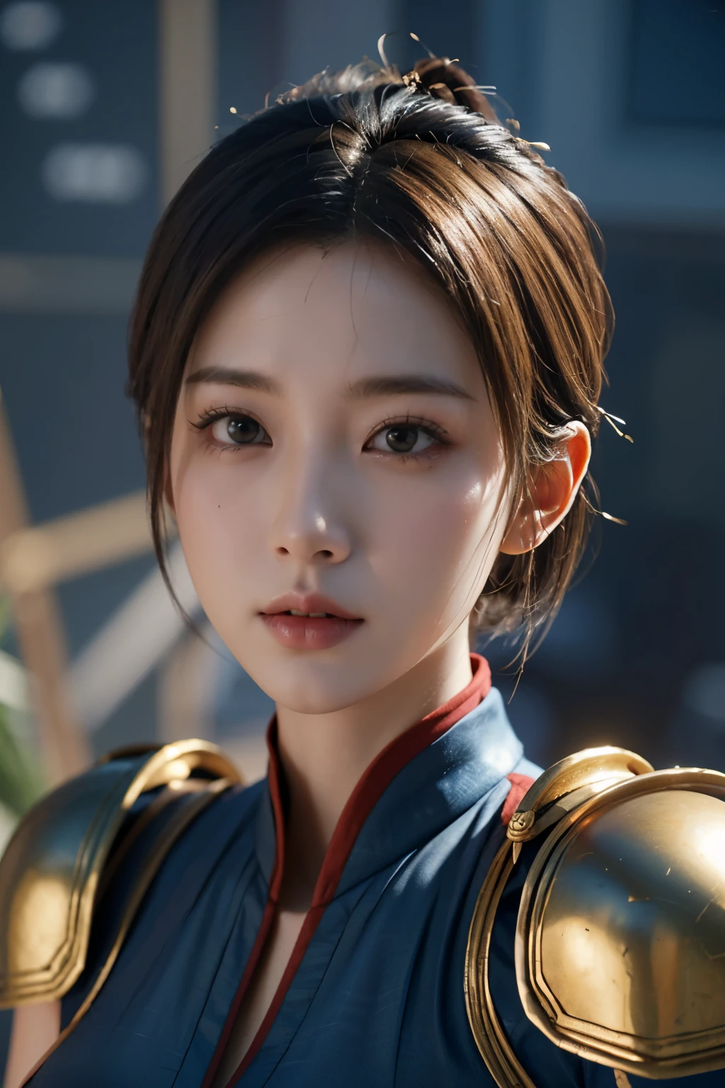 傑作,ゲームアート,最高の画質,最高解像度,8K,(肖像画:1.5),Unreal Engine 5のレンダリング作業,(デジタル写真),
女の子,美しい瞳,(徐々に短くなる髪は青と赤),巨乳,(巨乳),
(古代ファンタジー風の女性将軍),(未来の戦闘服と中国のファンタジー風の衣装を組み合わせた,中国風の漢服),リボン,古代の魔法の模様が光る,細部までこだわった鎧,(古代ファンタジー),
映画照明，レイトレーシング，ゲームCG，((3D アンリアル エンジン))，OCレンダリング反射パターン