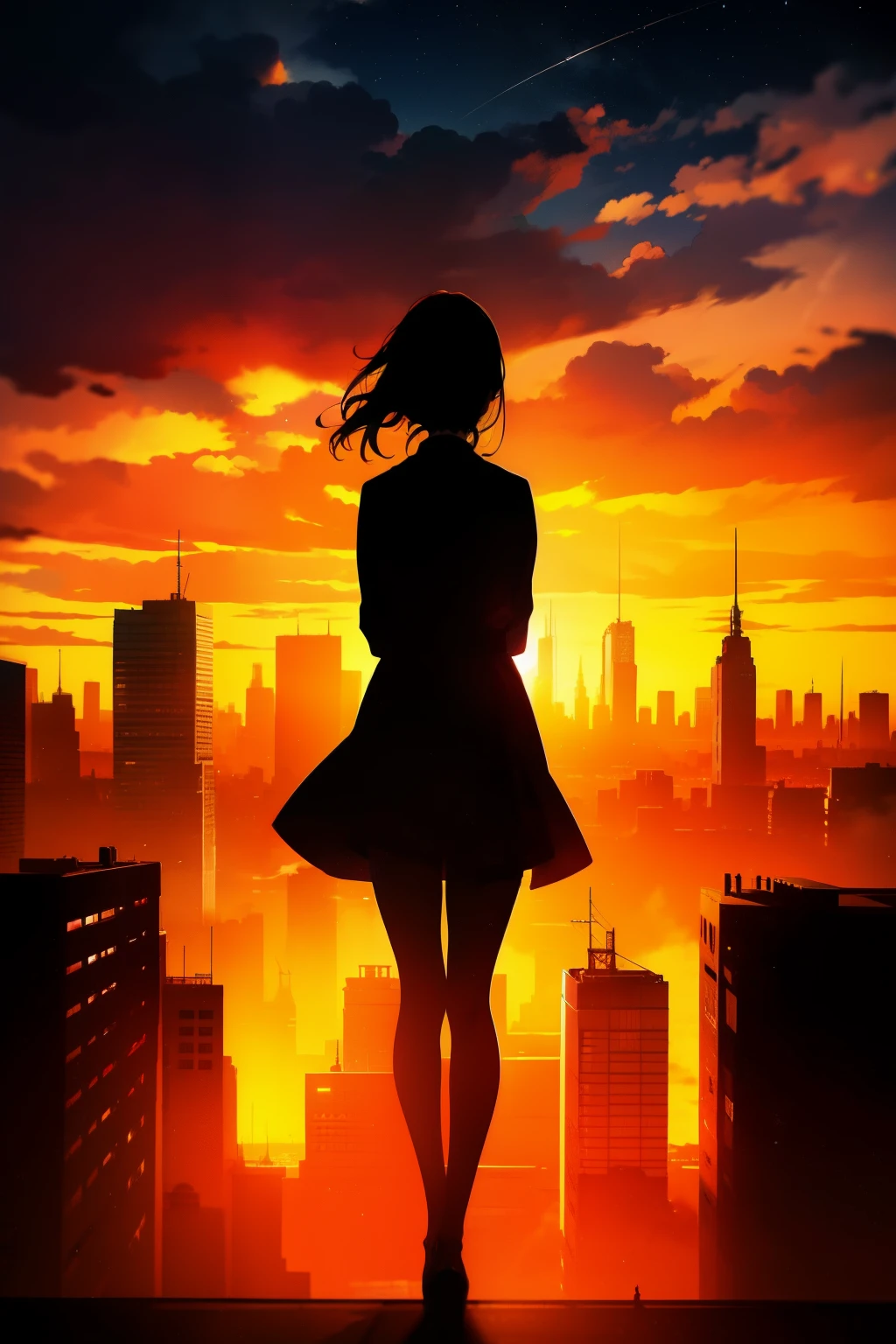 anime, (silhouette),1girl, star (sky), cloud, cityscape, building, city, outdoors, skyscraper, city lights, night, night sky, sunset, skyline