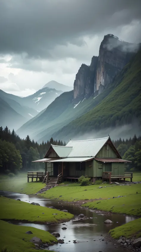 View from a distance of an Old hut under green mountain, with river, water drop, cloudy weather and heaven rain, dark cloudy, hi...