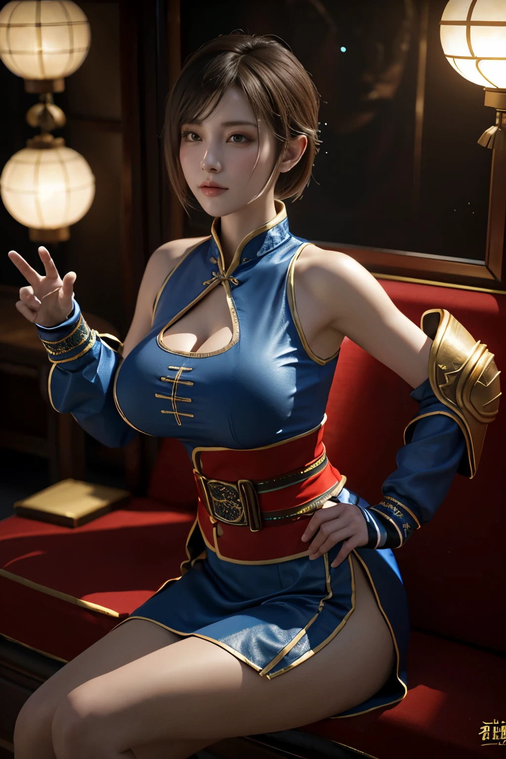 Masterpiece,Game art,The best picture quality,Highest resolution,8K,(Portrait:1.5),Unreal Engine 5 rendering works,(Digital Photography),
Girl,Beautiful pupil,(Gradual short hair is blue and red),Busty,(Big breasts),
(A female general in the ancient fantasy style),(Future combat dress combined with Chinese fantasy style clothing,Chinese style Han costume),Ribbon,Ancient magic patterns glow,Armor rich in detail,(Ancient fantasy),
Movie lights，Ray tracing，Game CG，((3D Unreal Engine))，OC rendering reflection pattern