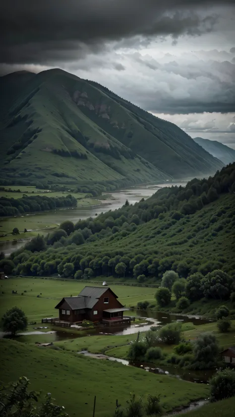 View from a distance of an Old house under green mountain, with river, water drop, cloudy weather and heaven rain, dark cloudy, ...