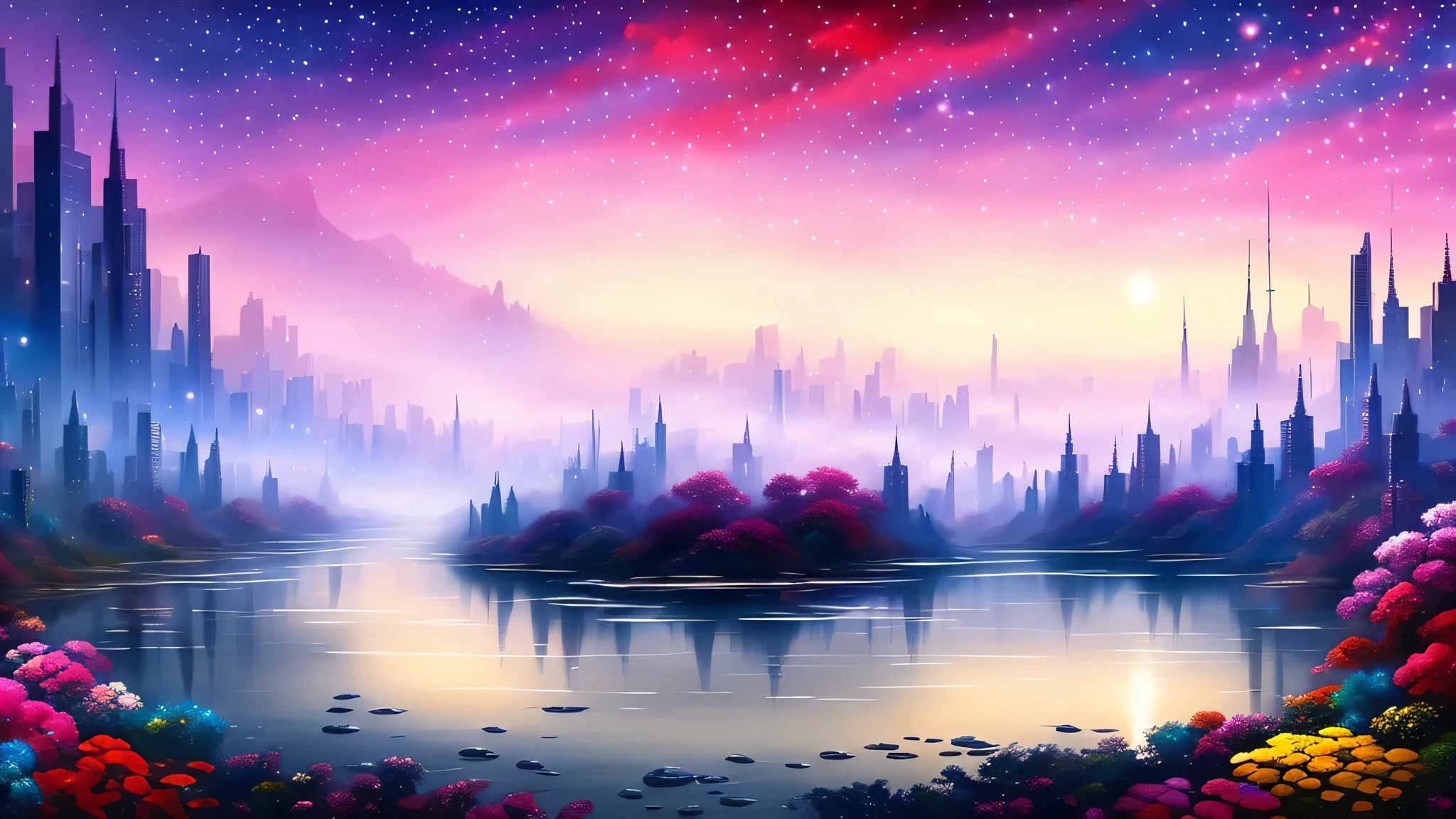 highest quality, colorful museum, A painting of a river with stars in the sky, Shining skyscrapers, glossy overall, stylish skyscraper, fantasy art, beautiful anime scene, dream picture, Fantastic landscape painting, Fantasy Knights, Beautiful flowers are blooming