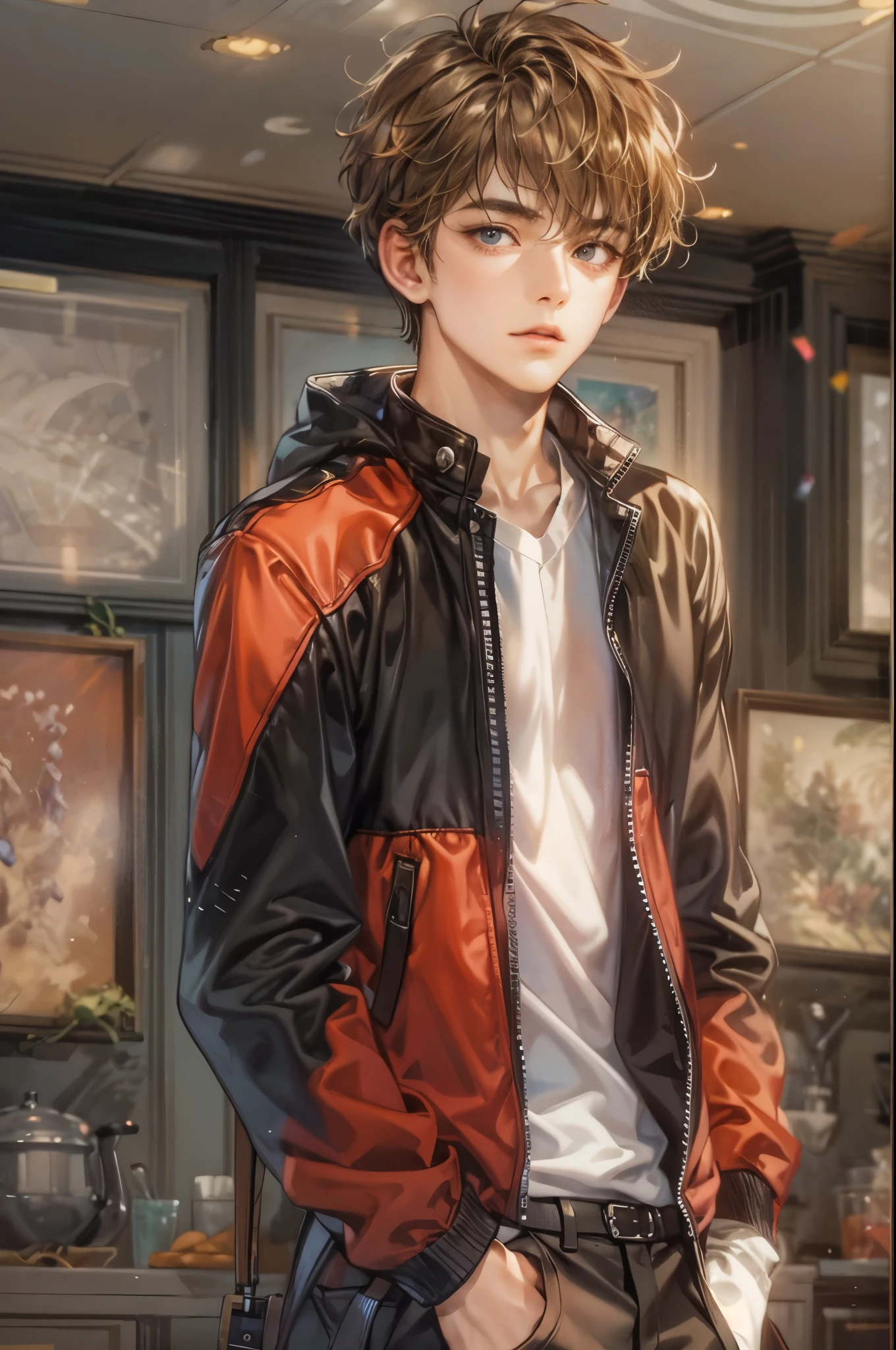 (Meisterwerk, beste Qualität) Figur aus Highschool Musical, hübscher Junge, Anime-Gesicht, mit kurzen Haaren, Stilvolle Kleidung , moderne Inneneinrichtungsdetails