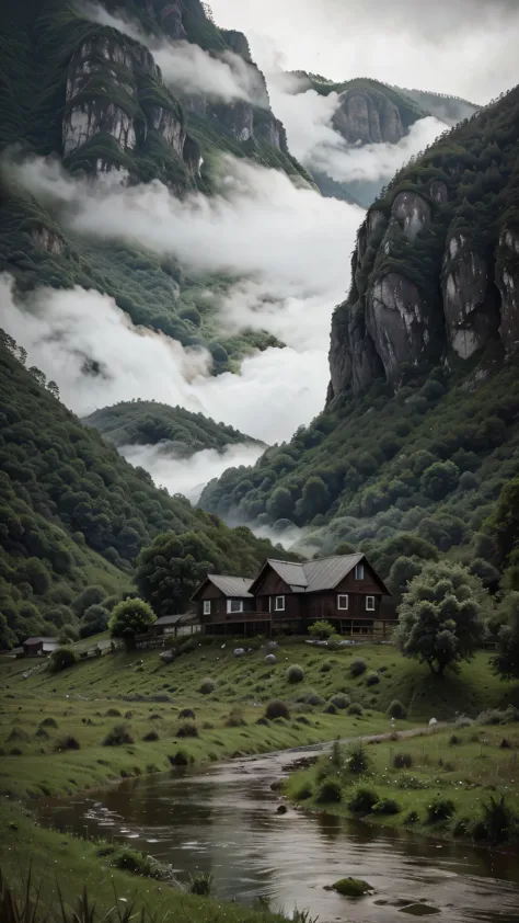 View from a distance of an Old house under green mountain, with river, water drop, cloudy weather and heaven rain, dark cloudy, ...