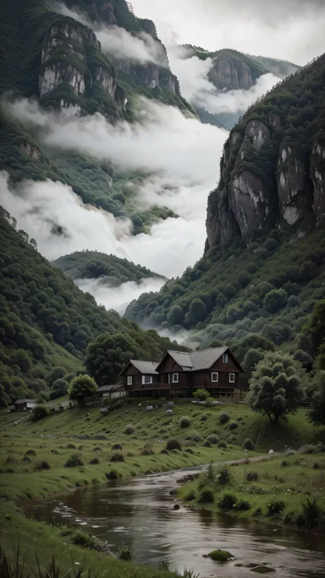 view from a distance of an old house under green mountain, with river, water drop, cloudy weather and heaven rain, dark cloudy, ...