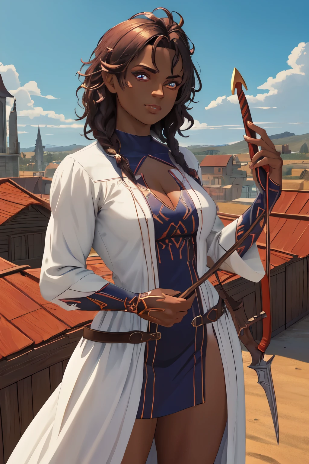 (masterpiece, best quality, absurdres), 1girl, solo, cowboy shot, D&D style, hazel eyes, dark-skinned female, looking at viewer, hands holding a wooden staff, glowing, white adventurer dress, muscular, outdoors, fantasy town, on rooftop