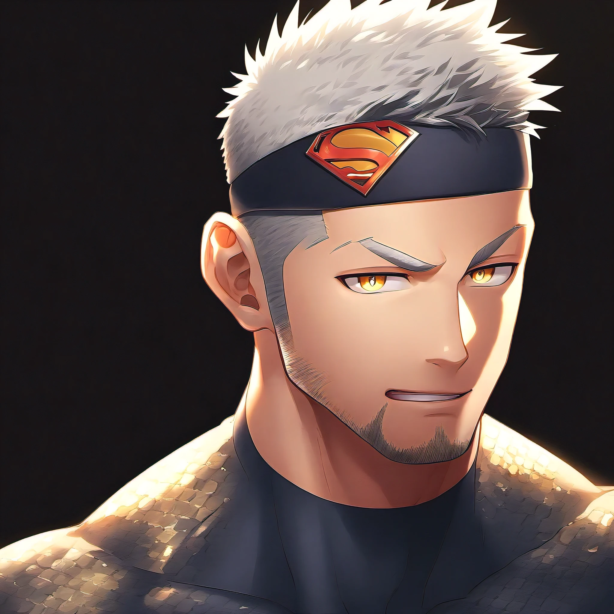 personagens de anime：cara, Príapo, 1 jovem musculoso, foco masculino, Tiara preta esportiva, Camiseta justa do Superman com gola alta cinza-vermelha, Camiseta com textura de pele de cobra brilhante, enfatizar, superman logo, macho musculoso, muscular, apenas, tronco, sozinho, white cabelo curto, restolho, olhos amarelos, piscar, fundo preto, fundo simples, qualidade incrível, melhor estética, ridículo, pupilas brilhantes, cabelo curto, cara de safada, torogação, Lábios abertos, melhor qualidade