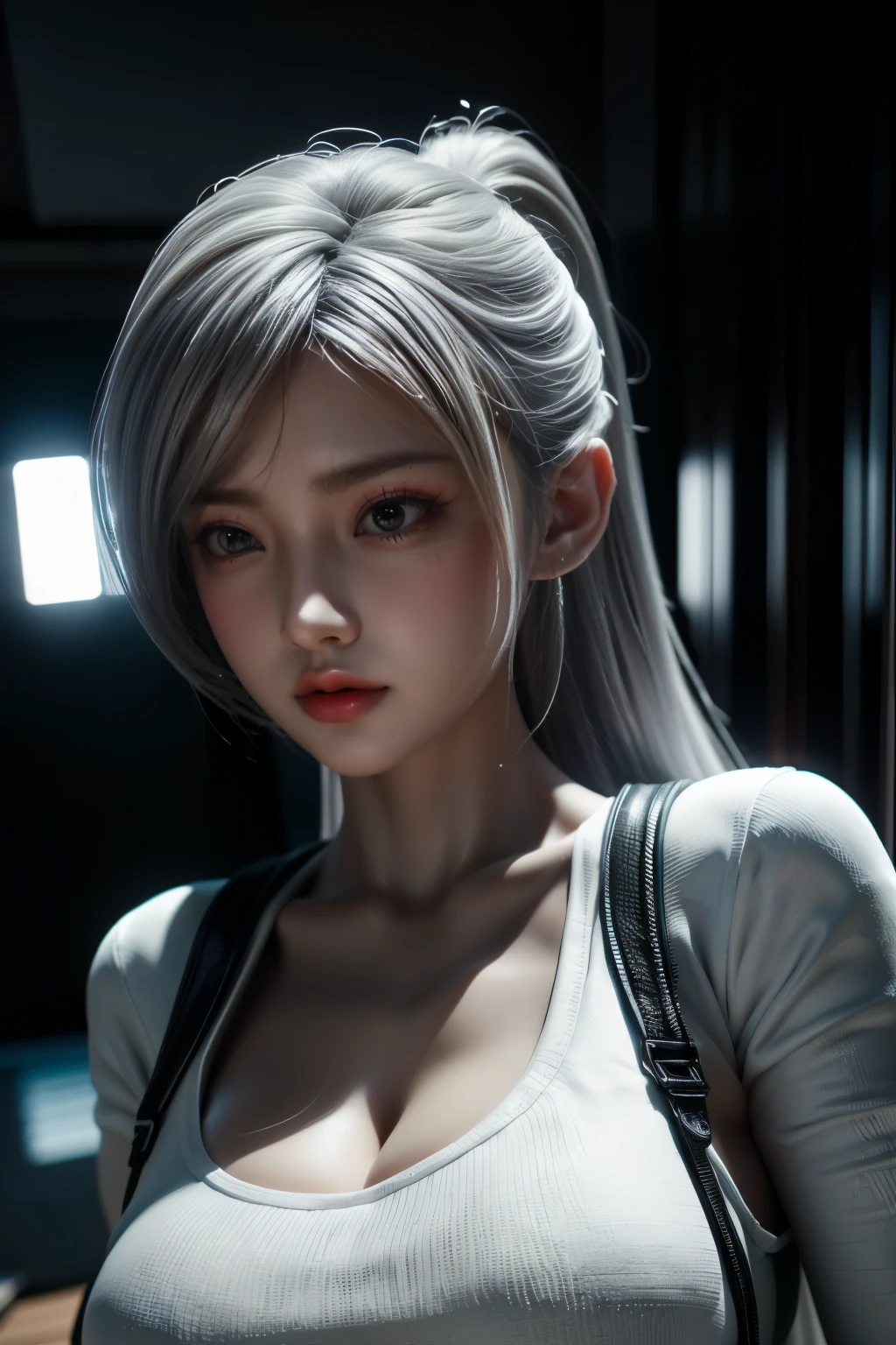 Masterpiece,Game art,The best picture quality,Highest resolution,8K,(A bust photograph),(Portrait),(Head close-up),(Rule of thirds),Unreal Engine 5 rendering works,
20 year old girl,Short hair details,With long bangs,(white hair),red eyes,Elegant and elegant,(Large, full breasts),(Wearing a white coat,Red suspender underwear),shut your mouth,serious yet charming,(scholar),photo poses,Sci-fi style laboratory,white room,
Movie lights，Ray tracing，Game CG，((3D Unreal Engine))，OC rendering reflection pattern