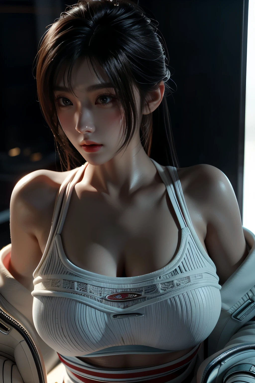 Masterpiece,Game art,The best picture quality,Highest resolution,8K,(A bust photograph),(Portrait),(Head close-up),(Rule of thirds),Unreal Engine 5 rendering works,
20 year old girl,Short hair details,With long bangs,(white hair),red eyes,Elegant and elegant,(Large, full breasts),(Wearing a white coat,Red suspender underwear),shut your mouth,serious yet charming,(scholar),photo poses,Sci-fi style laboratory,white room,
Movie lights，Ray tracing，Game CG，((3D Unreal Engine))，OC rendering reflection pattern