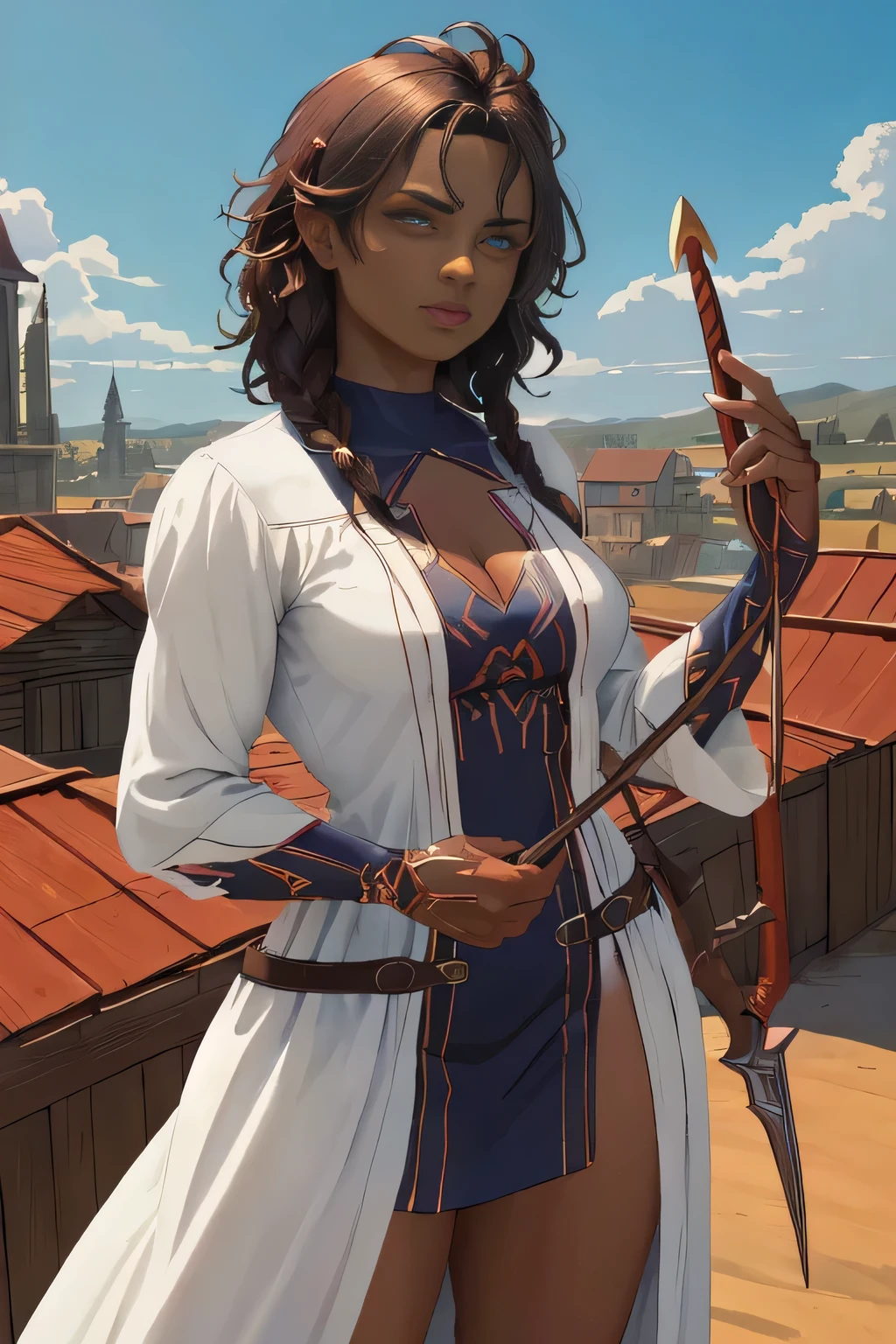 (masterpiece, best quality, absurdres), 1girl, solo, cowboy shot, D&D style, hazel brown colored eyes, dark-skinned female, looking at viewer, hands holding a straight wooden staff, glowing, white adventurer dress, muscular, outdoors, fantasy town, on rooftop, detailed eyes. Fix the face.