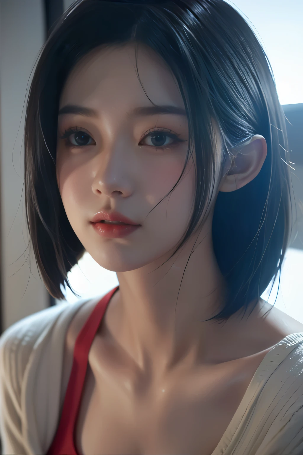 Masterpiece,Game art,The best picture quality,Highest resolution,8K,(A bust photograph),(Portrait),(Head close-up),(Rule of thirds),Unreal Engine 5 rendering works,
20 year old girl,Short hair details,With long bangs,(white hair),red eyes,Elegant and elegant,(Large, full breasts),(Wearing a white coat,Red suspender underwear),shut your mouth,serious yet charming,(scholar),photo poses,Sci-fi style laboratory,white room,
Movie lights，Ray tracing，Game CG，((3D Unreal Engine))，OC rendering reflection pattern