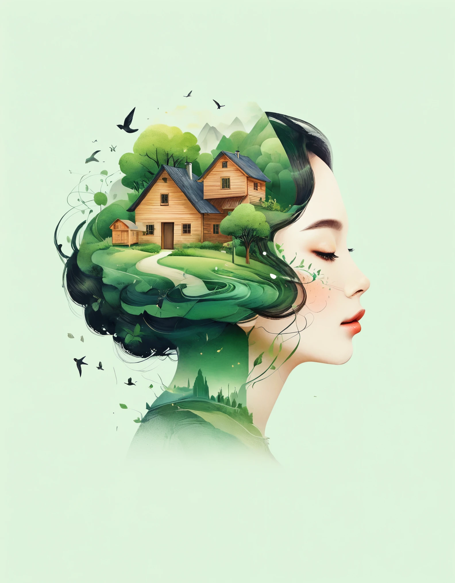 (The little girl's head is adorned with whimsical and rich توضيحs of wooden houses, الأشجار, جذور, وابتلاع), and a background of الأشجار and hills in green tones, تستحضر سحر المناظر الطبيعية الريفية الساحرة. تمتزج الخلفية مع شعر الفتاة الصغيرة, مشعة بالهدوء وخلق تركيبة متناغمة تلتقط جمال الطبيعة. This توضيح symbolizes the harmony between humans and the environment, مع التركيز على الوجه. (خلفية بيضاء)，التعرض المزدوج，توضيح，Beautiful digital توضيح, يوشيهيكو وادا, مؤلف：كيم هوان كي, مؤلف：نوبوسادا ياناغاوا, بواسطة لي جيون سوك, مؤلف：كينتارو ميورا, مصورة بشكل جميل, مؤلف：هيروشي ياماغاتا, مستوحاة من تشنغ شياورونغ