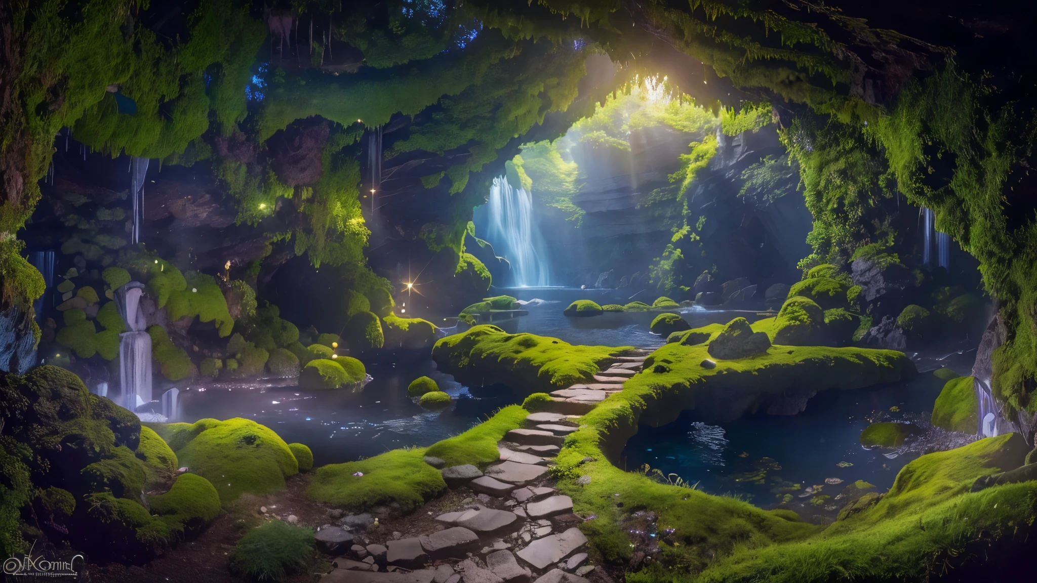 (best quality,8k,panoramic view,masterpiece:1.2),magical mines,enchanted cave,shining gems,mystical atmosphere,sparkling crystals,illuminated pathway,jewel-toned hues,dreamy ambiance,ethereal glow,whimsical cavern,mysterious shadows,glowing moss,enchanted waterfall,twinkling stars,hidden treasures,stunning rock formations,ethereal light beams,otherworldly landscapes,intricate details,fantastical underground world,spellbinding beauty,fairy tale realm,timeless masterpiece.