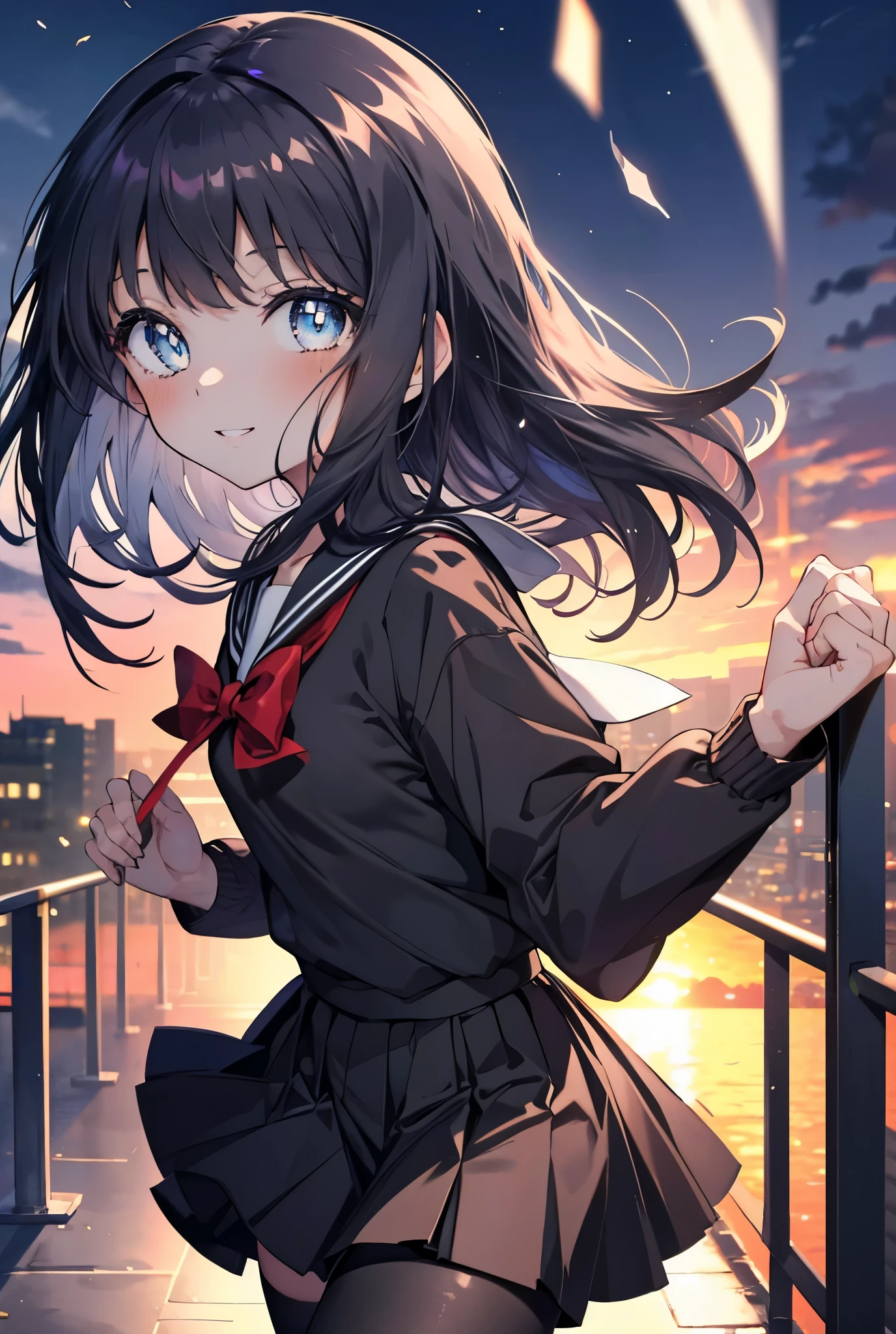 masterpiece, highest quality, disorganized, perfect anatomy, 1 girl, alone, Itsuwa,medium long hair,black hair,brown eyes,smile,blush,Happy atmosphere black sailor suit,black pleated skirt,white stockings,brown loafers,walking,evening,sunset,In town,building street,(masterpiece:1.2), highest quality, High resolution, unity 8k wallpaper, (shape:0.8), (beautiful and detailed eyes:1.6), highly detailed face, perfect lighting, Very detailed CG, (perfect hands, perfect anatomy),