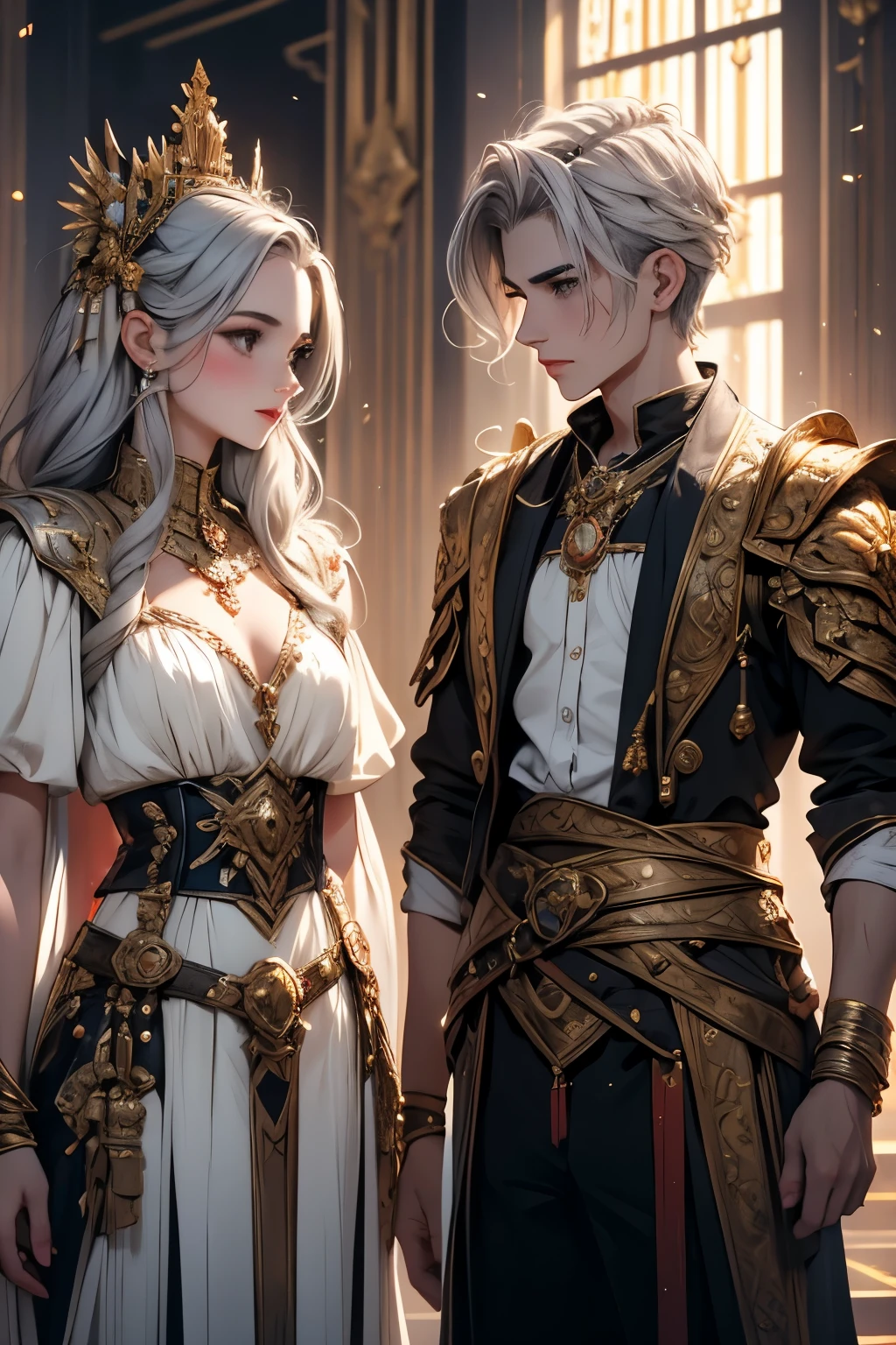 Twin Gods of Commerce, Prosperity & Luck, one is a girl and the other one is a boy. They have gray hair, gold hair accessories, they mirror each other. They use European cloting.