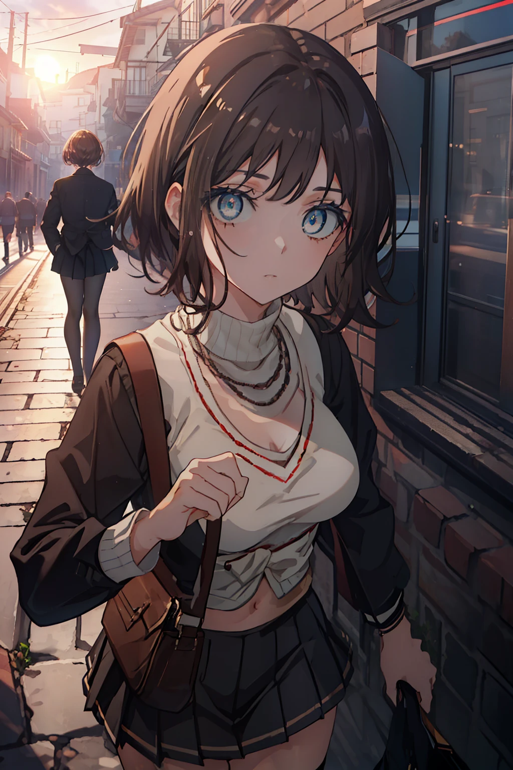 highest quality, masterpiece, High resolution, alone, {Itsuwa_toarumajutsunoindex:1.15}, brown eyes, brown hair, short hair, 1 girl, black hair,  black sailor suit,black pleated skirt,white stockings,brown loafers,walking,evening,sunset,In town,building street,(masterpiece:1.2), highest quality, High resolution, unity 8k wallpaper, (shape:0.8), (beautiful and detailed eyes:1.6), highly detailed face, perfect lighting, Very detailed CG, (perfect hands, perfect anatomy),