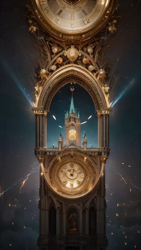 (highest quality,real:1.2),壮大なhuge magic castle, Colorful, giant clock on top, アニメーション化されたrealなスタイル, huge magic castle, Bright c...
