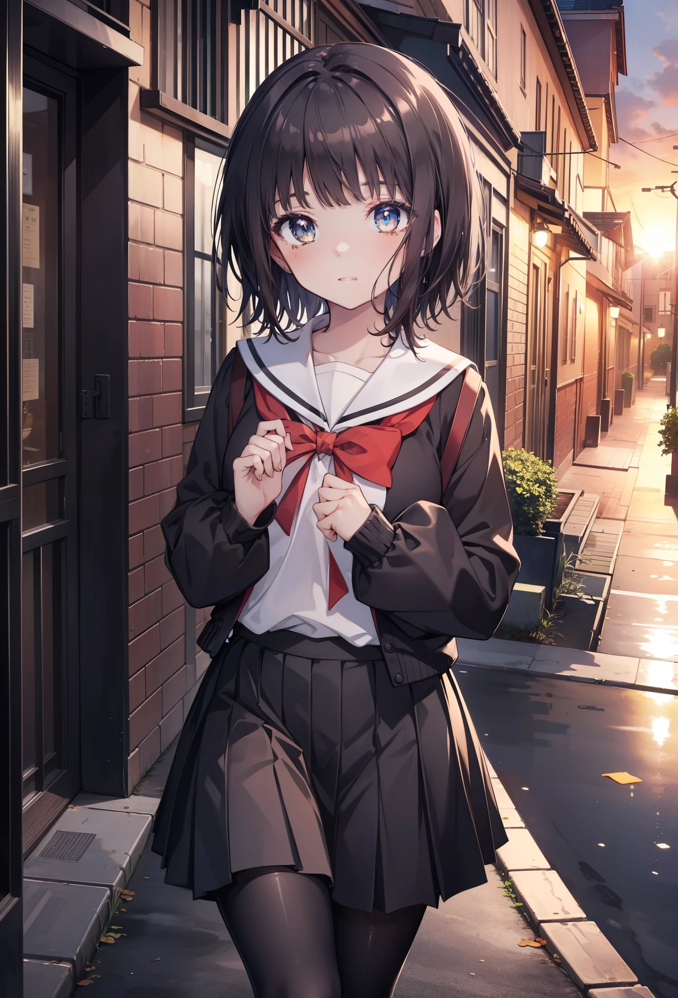 highest quality, masterpiece, High resolution, alone, {Itsuwa_toarumajutsunoindex:1.15}, brown eyes, brown hair, short hair, 1 girl, black hair,  black sailor suit,black pleated skirt,white stockings,brown loafers,walking,evening,sunset,In town,building street,(masterpiece:1.2), highest quality, High resolution, unity 8k wallpaper, (shape:0.8), (beautiful and detailed eyes:1.6), highly detailed face, perfect lighting, Very detailed CG, (perfect hands, perfect anatomy),