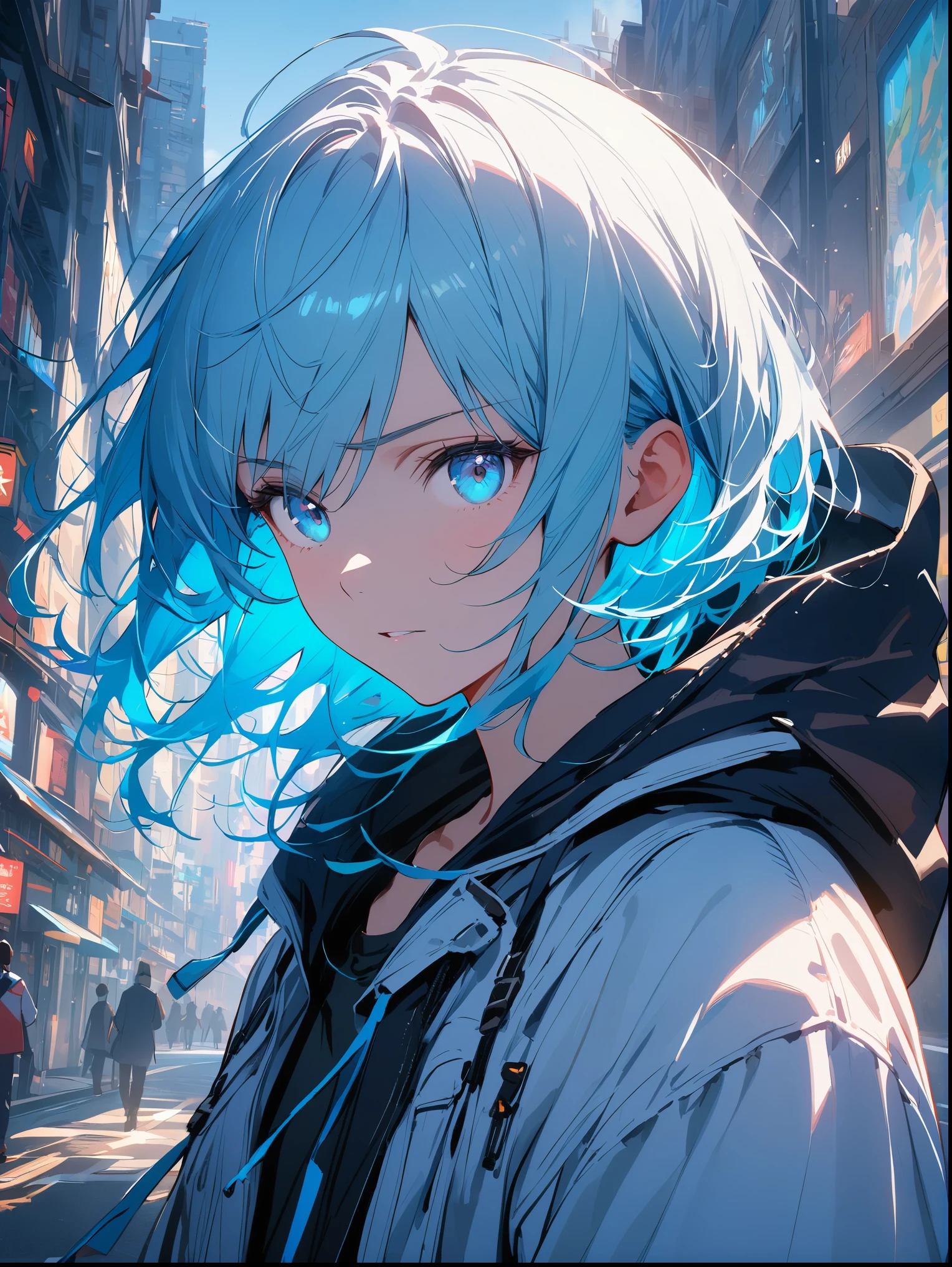 8K resolution, ((highest quality)), ((masterpiece)), ((super detailed)), (very delicate and beautiful), with a boy, alone, cool, gentle expression, light blue hair, written boundary depth, Determined face, bright light blue eyes, 明るいlight blue hair, beautiful background, cool髪型, line drawing, Eyes that shine like crystals, upper grade, wonderful eyes, Upper body, urban area, building