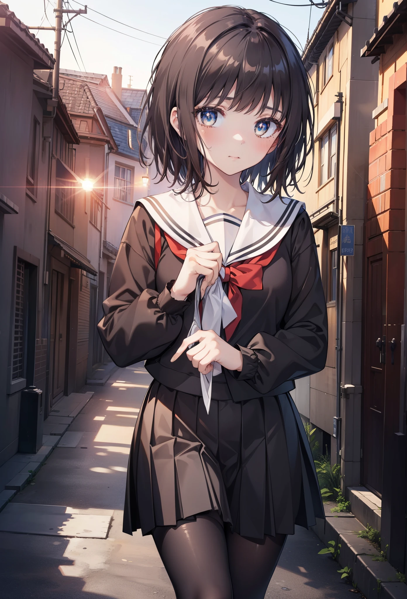 highest quality, masterpiece, High resolution, alone, {Itsuwa_toarumajutsunoindex:1.15}, brown eyes, brown hair, short hair, 1 girl, black hair,  black sailor suit,black pleated skirt,white stockings,brown loafers,walking,evening,sunset,In town,building street,(masterpiece:1.2), highest quality, High resolution, unity 8k wallpaper, (shape:0.8), (beautiful and detailed eyes:1.6), highly detailed face, perfect lighting, Very detailed CG, (perfect hands, perfect anatomy),