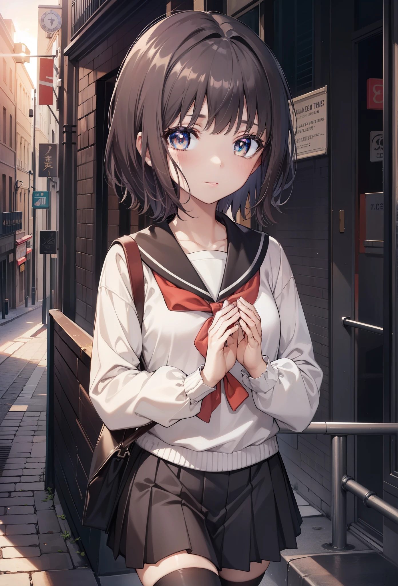 highest quality, masterpiece, High resolution, alone, {Itsuwa_toarumajutsunoindex:1.15}, brown eyes, brown hair, short hair, 1 girl, black hair,  black sailor suit,black pleated skirt,white stockings,brown loafers,walking,evening,sunset,In town,building street,(masterpiece:1.2), highest quality, High resolution, unity 8k wallpaper, (shape:0.8), (beautiful and detailed eyes:1.6), highly detailed face, perfect lighting, Very detailed CG, (perfect hands, perfect anatomy),