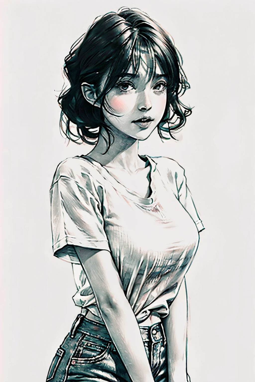 portrait,((sketch)), monochrome, Grayscale,((blush)),1 girl,((Cowboy shooting)), ((Keep your mouth shut)), short hair,White T-shirt, Denim shorts, Big breasts, looking at the audience,permanent, Upper body, ((Simple background)),White background,