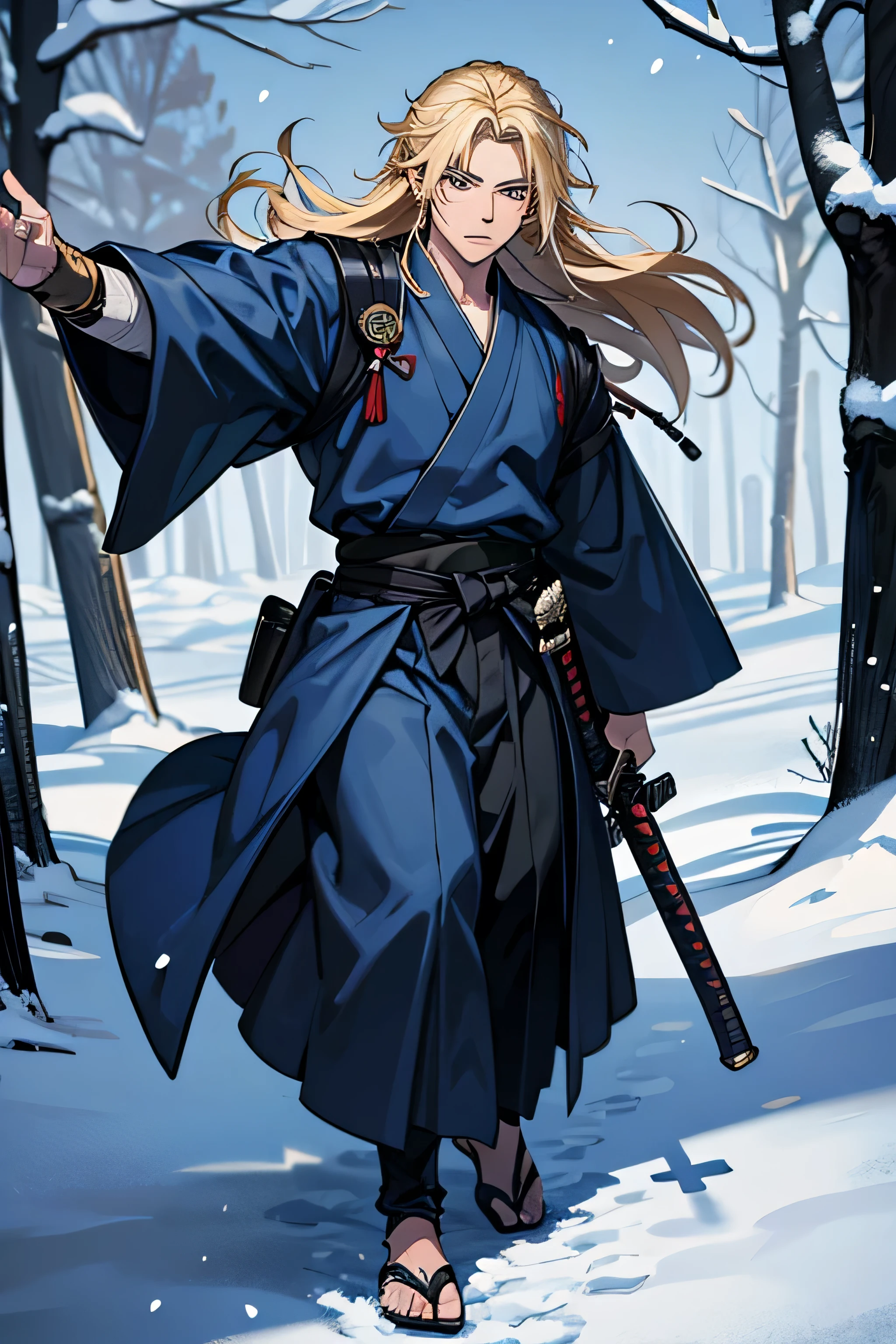 8k, masterpiece, high-quality, ultra-high quality, 1boy, solo, long blonde hair, 14 year old boy, wandering ronin, dark blue hakama, dragon design Haori, katana, in the snow forest, under suit.