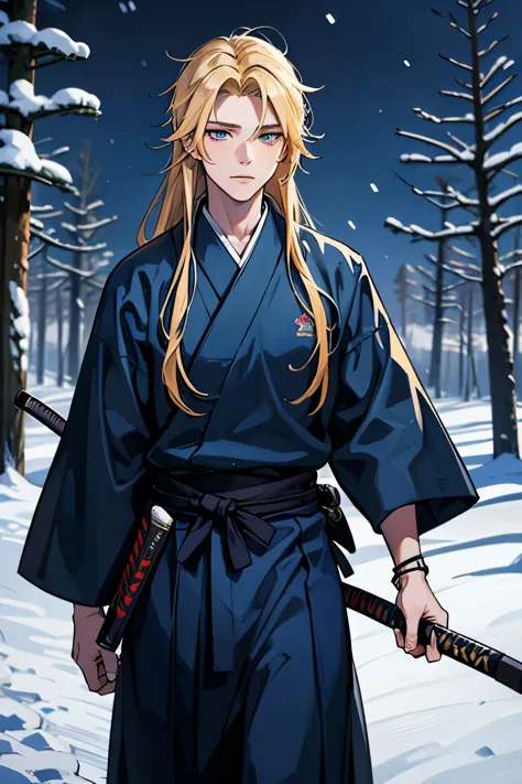 8k, masterpiece, high-quality, ultra-high quality, 1boy, solo, long blonde hair, 14 year old boy, wandering ronin, dark blue hak...