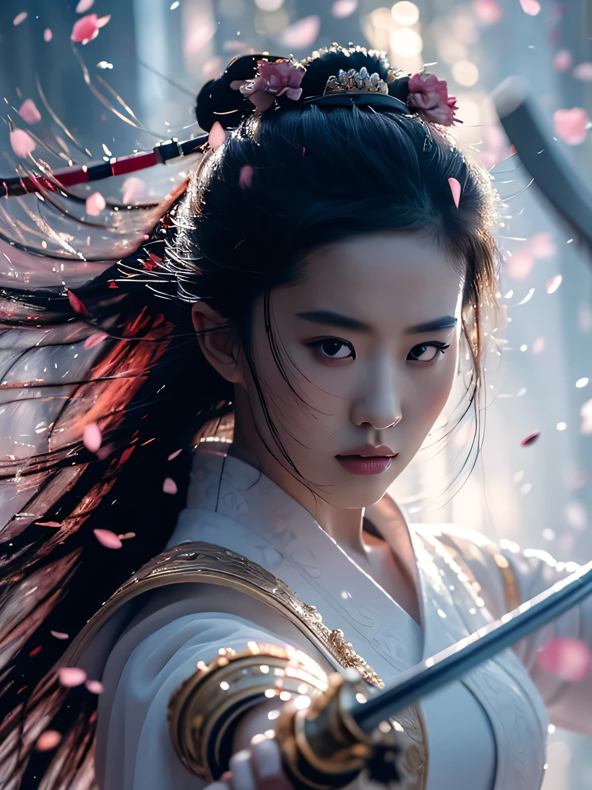 sword梅,in the leading_Body,1 girl,arms,sword,black hair,flower瓣,梅flower,long hair,Chinese clothes,vague,OK,hair accessories,Keep arms,looking at the audience,Keep sword,Keep,long sleeve,facial markings,single OK,flower, Outdoor sports,最OK质量,masterpiece,illustration,extremely delicate and beautiful,CG,unity,8k wallpaper,amazing,fine details,masterpiece,official art,Very detailed CG unity 8k wallpaper,Extremely ridiculous,Larger file size,super detailed,High resolution,Very detailed,Beautiful and delicate girl,actual,