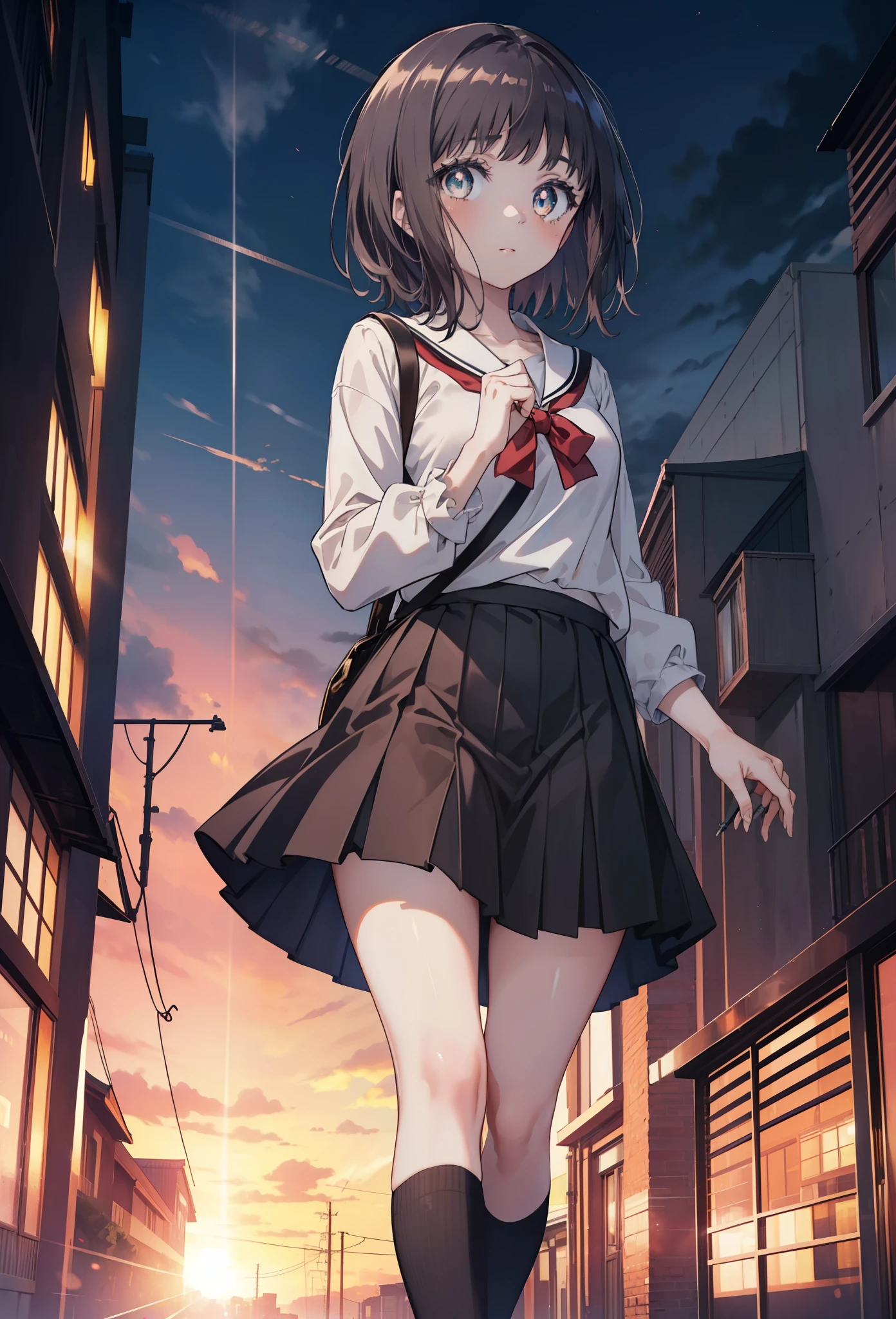 highest quality, masterpiece, High resolution, alone, {Itsuwa_toarumajutsunoindex:1.15}, brown eyes, brown hair, short hair, 1 girl, black hair,  black sailor suit,black pleated skirt,white stockings,brown loafers,walking,evening,sunset,In town,building street,(masterpiece:1.2), highest quality, High resolution, unity 8k wallpaper, (shape:0.8), (beautiful and detailed eyes:1.6), highly detailed face, perfect lighting, Very detailed CG, (perfect hands, perfect anatomy),