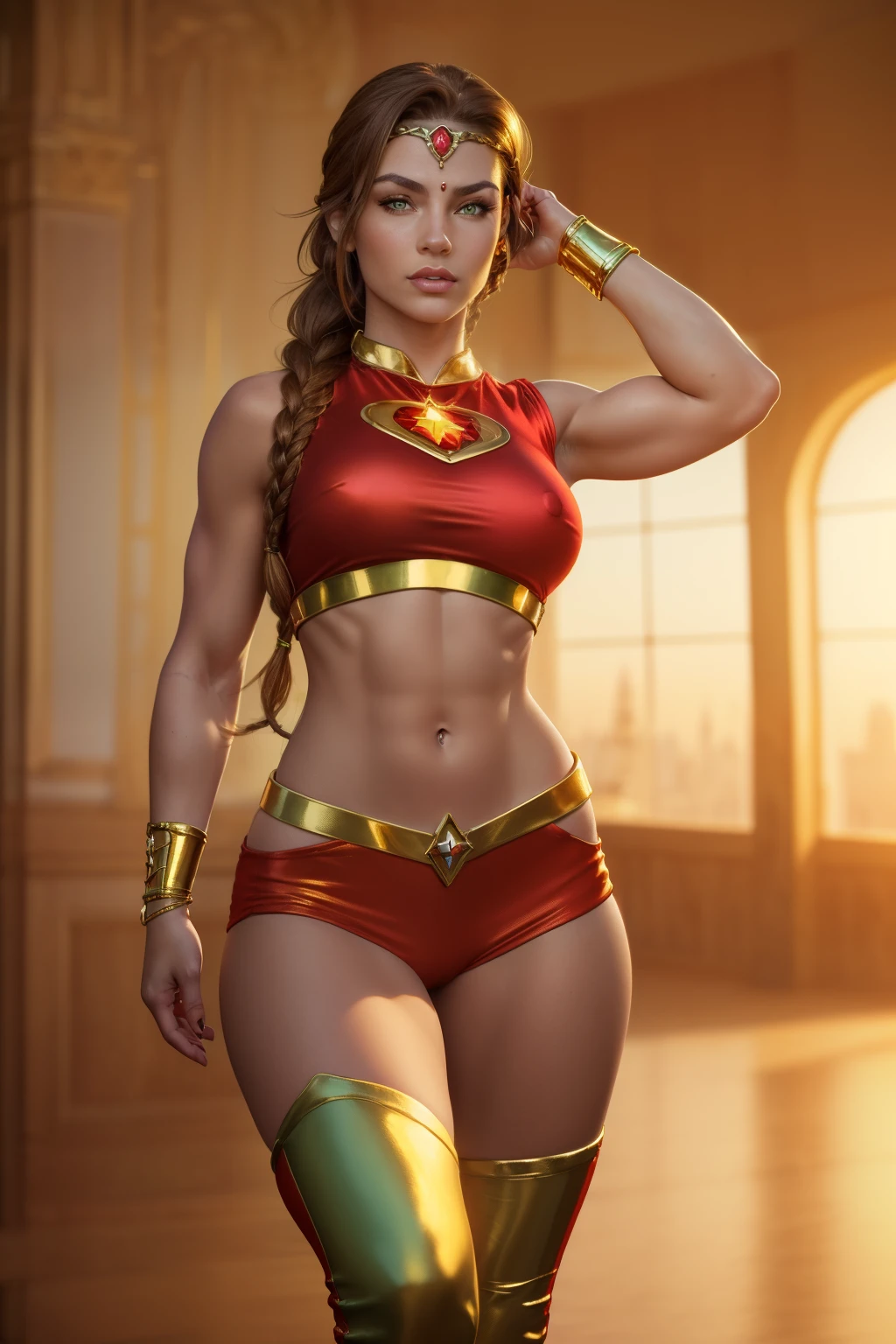 Realistic (sexy beautiful female superhero ,(green eyes) (, brown hair, long braided French braid, red sleeveless crop shirt, with a golden Star, midriff wears (a golden tiara with a red gem on forehead) , golden bracelets, long red boots, and small red shorts),  portrait photography by artgerm, in the style of realism, glistening skin, , , natural lighting, Defined full lips. Muscular fitness feminine body (detailed realistic,8k,highres,masterpiece:1.2, UHD