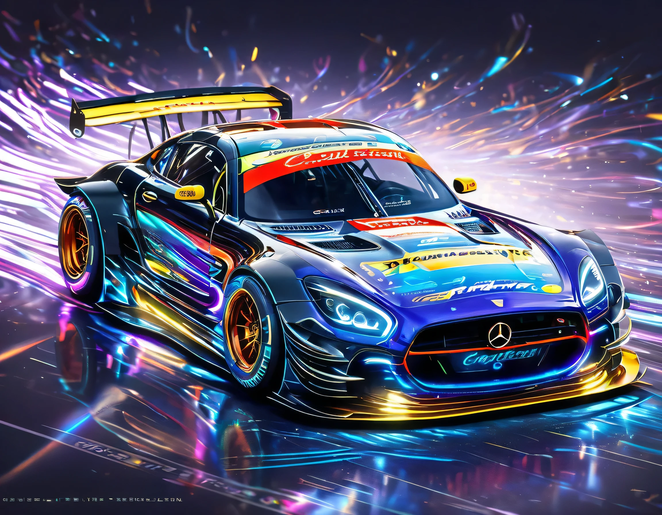 Capture the thrilling moments of a sophisticated racing car racing through a vibrant circuit field. Each line and curve of the car&#39;s aerodynamic body is、フォトリアルなディテールで細心の注意を払ってrenderingされています。. The circuit field casts lively and long with rich contrasting colors., dynamic shadows on the track. If you pay attention to the shiny metallic car body,, Metallic light reflects coldly, Creates an exhilarating sense of speed. The realistic masterpiece of the wind blowing through the circuit field is a top-notch masterpiece that is a must-see for race fans.,rich colors,rendering,colorfulな呪文を唱える,beautiful halation effect,racing car,structurally correct,colorful,nice,Highest,masterpiece,Highest品質,hologram,neon lines,powerful,Highestの構図