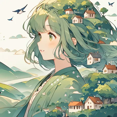 (the girl's head is decorated with whimsical illustrations of houses, swallows), trees and hills in green tones, evoking the cha...