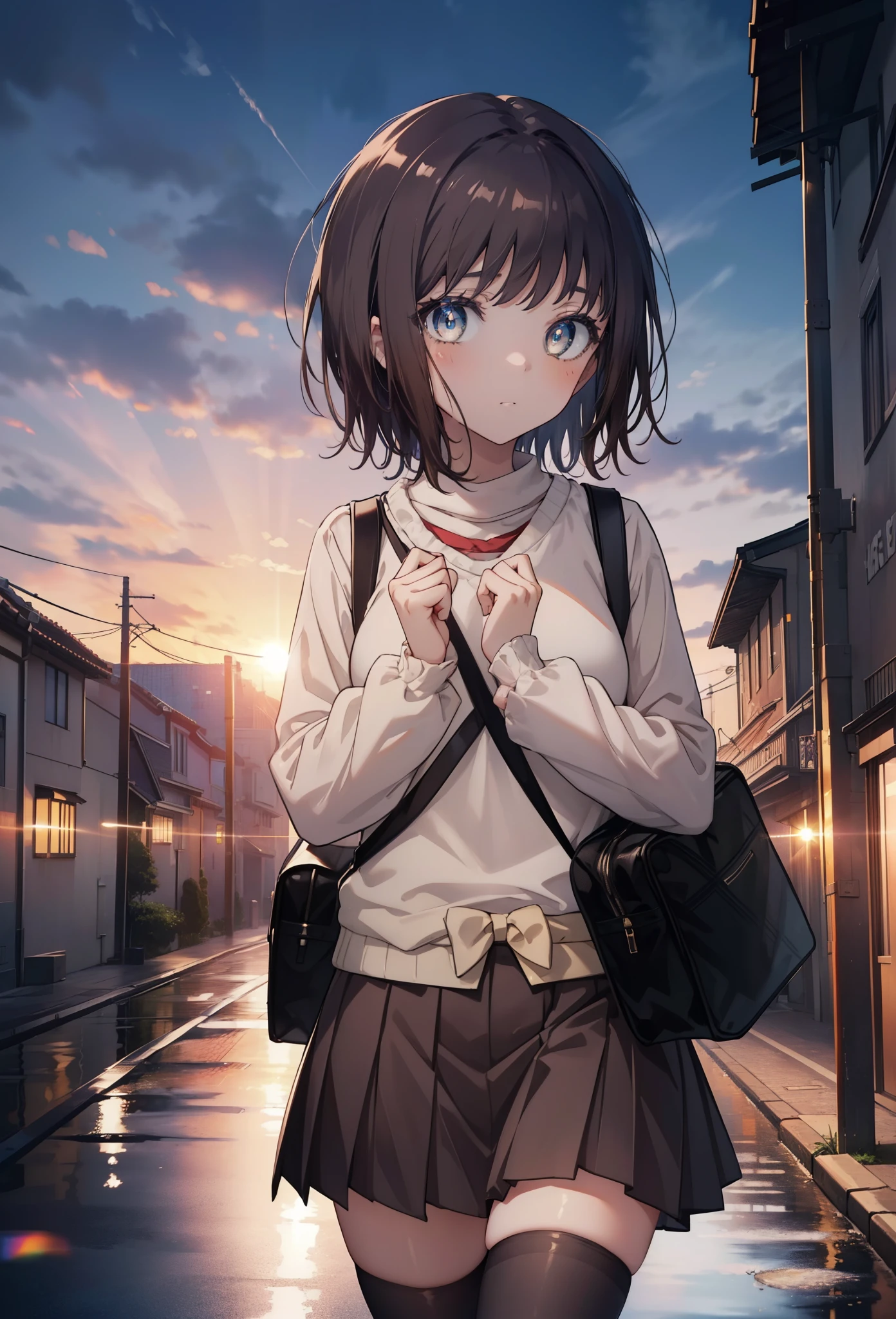 highest quality, masterpiece, High resolution, alone, {Itsuwa_toarumajutsunoindex:1.15}, brown eyes, brown hair, short hair, 1 girl, black hair,  black sailor suit,black pleated skirt,white stockings,brown loafers,walking,student bag,evening,sunset,In town,building street,(masterpiece:1.2), highest quality, High resolution, unity 8k wallpaper, (shape:0.8), (beautiful and detailed eyes:1.6), highly detailed face, perfect lighting, Very detailed CG, (perfect hands, perfect anatomy),