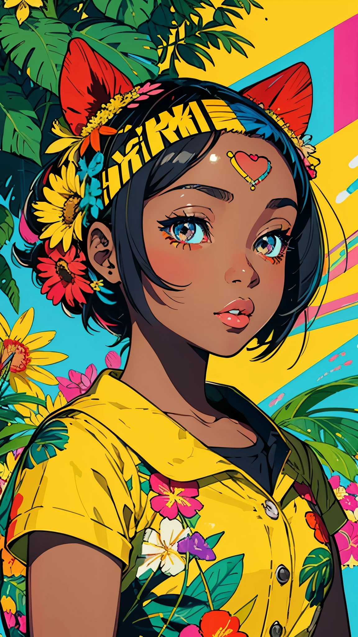 Create digital artwork in pop art style, Featuring vibrant and confident young African girls，Street fashion, Movie color schemes, Surrounded by vintage floral motifs, Vivid brush strokes,Emotions must be dynamic, Upper body, Drawing, Illustration, grayscales, Tropical, Many flowers,