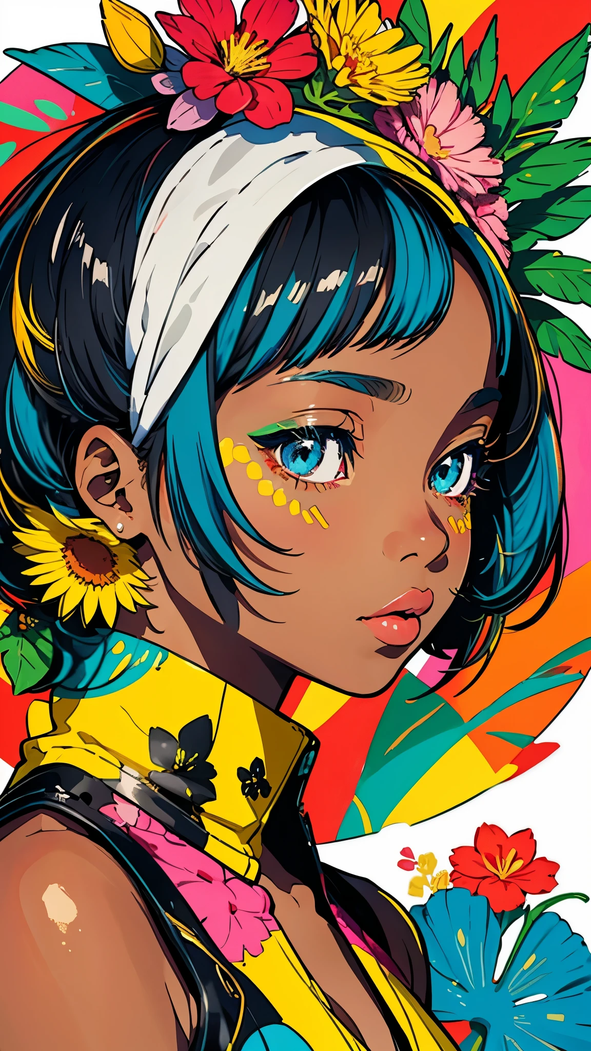 Create digital artwork in pop art style, Featuring vibrant and confident young African girls，Street fashion, Movie color schemes, Surrounded by vintage floral motifs, Vivid brush strokes,Emotions must be dynamic, Upper body, Drawing, Illustration, grayscales, Tropical, Many flowers,