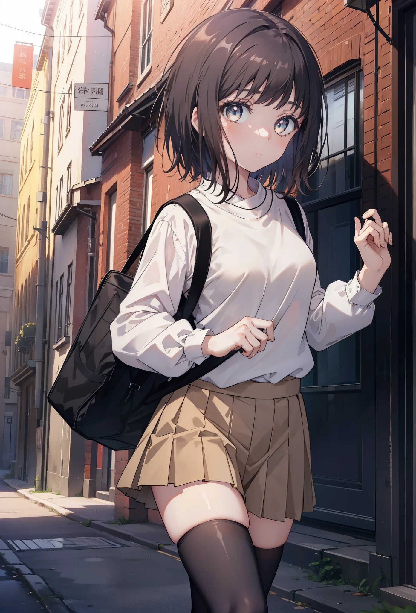 highest quality, masterpiece, High resolution, alone, {Itsuwa_toarumajutsunoindex:1.15}, brown eyes, brown hair, short hair, 1 girl, black hair,  black sailor suit,black pleated skirt,white stockings,brown loafers,walking,student bag,evening,sunset,In town,building street,(masterpiece:1.2), highest quality, High resolution, unity 8k wallpaper, (shape:0.8), (beautiful and detailed eyes:1.6), highly detailed face, perfect lighting, Very detailed CG, (perfect hands, perfect anatomy),