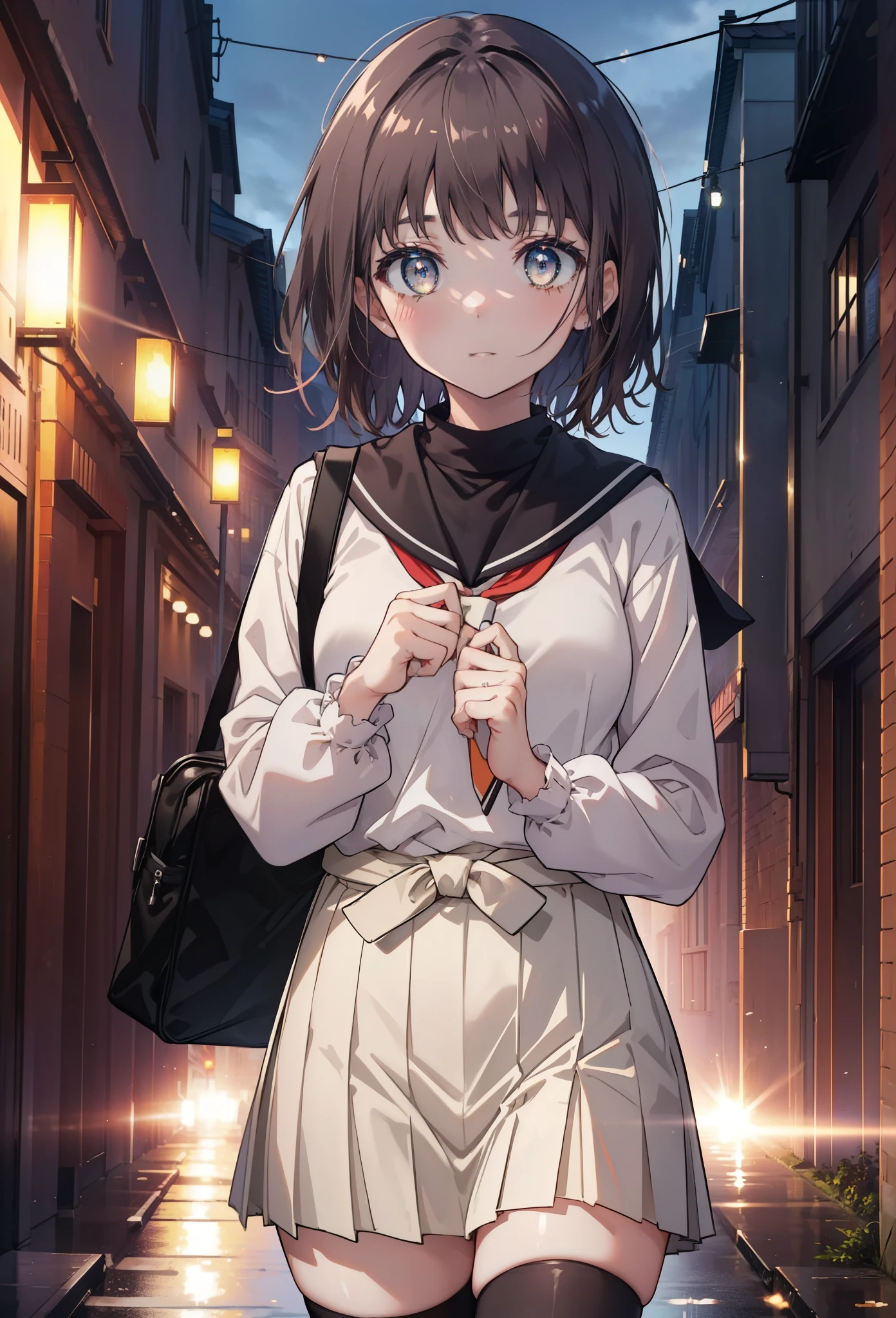 highest quality, masterpiece, High resolution, alone, {Itsuwa_toarumajutsunoindex:1.15}, brown eyes, brown hair, short hair, 1 girl, black hair,  black sailor suit,black pleated skirt,white stockings,brown loafers,walking,student bag,evening,sunset,In town,building street,(masterpiece:1.2), highest quality, High resolution, unity 8k wallpaper, (shape:0.8), (beautiful and detailed eyes:1.6), highly detailed face, perfect lighting, Very detailed CG, (perfect hands, perfect anatomy),