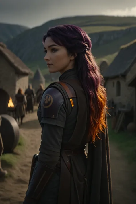 cinematic film still sabine wren, long hair, at medieval village looking over shoulder, full body shot from behind . shallow dep...