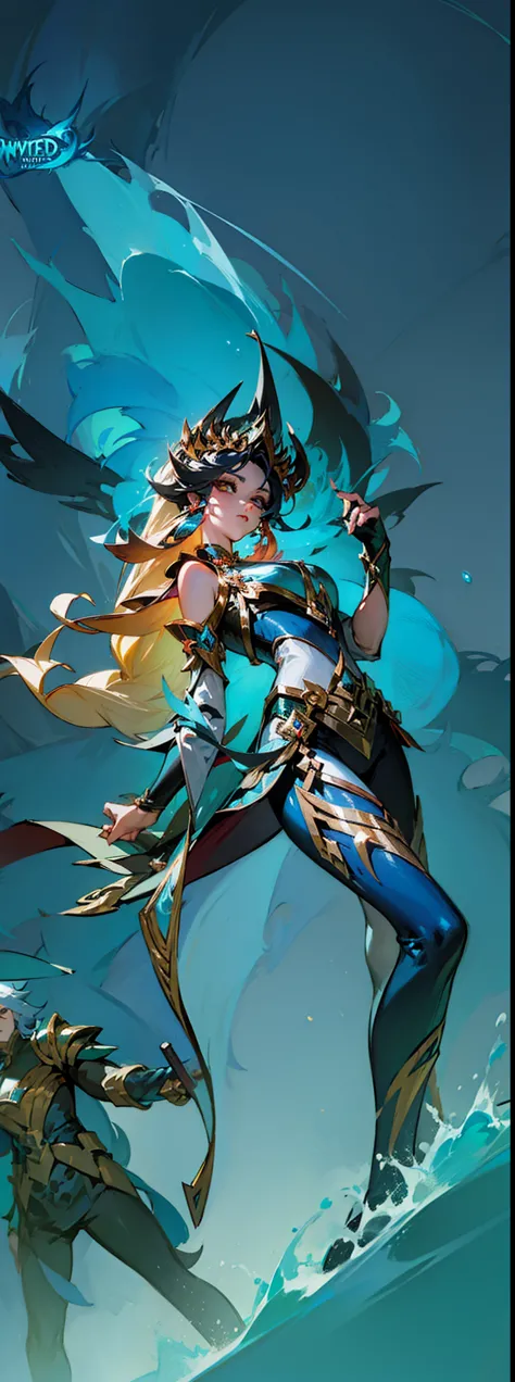 A group of anime characters holding swords, Queen of the Sea Mu Yanling, character splash art, League of Legends style, League o...