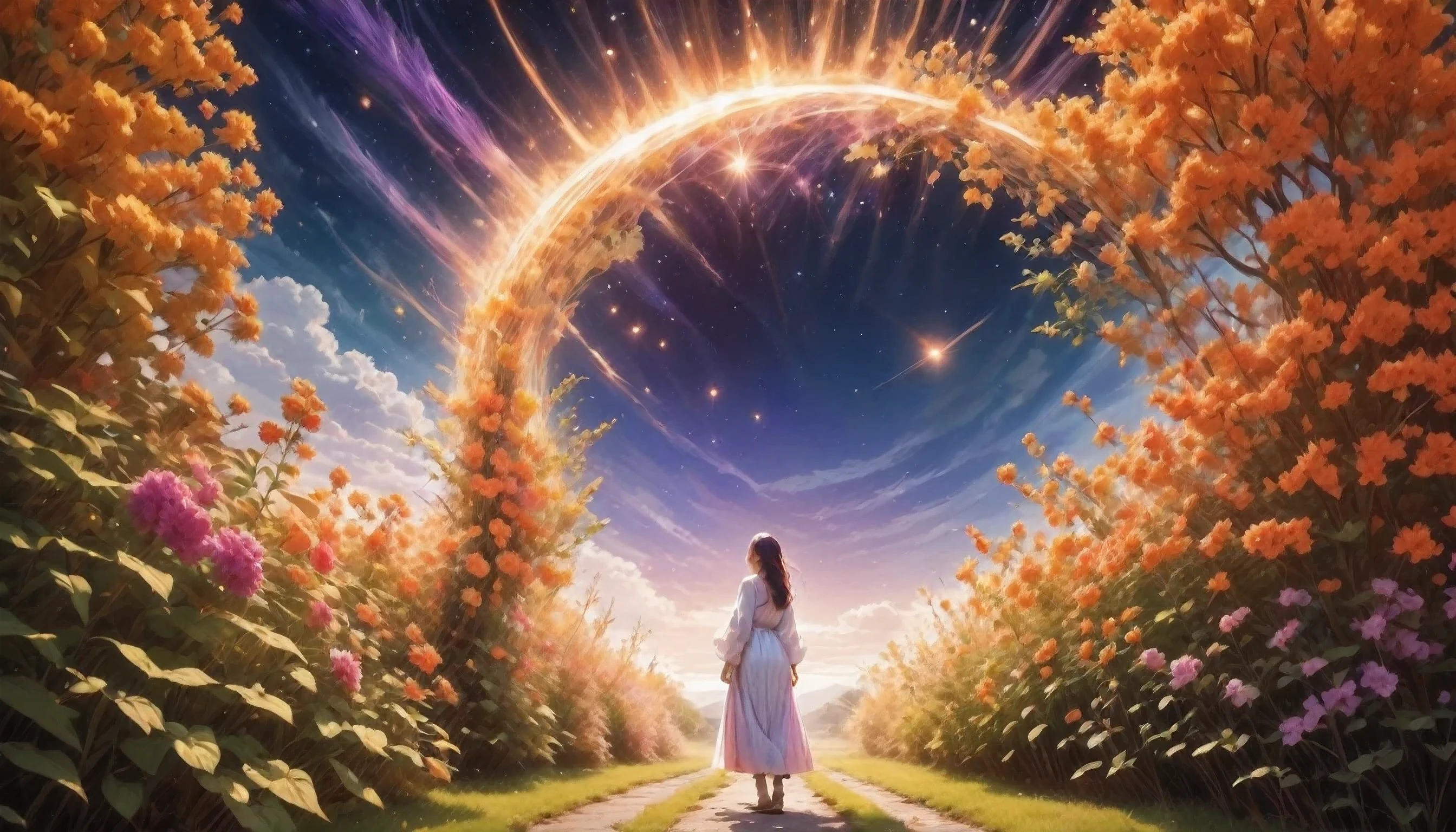 ((better quality)), ((master part)), vast landscape photography, (Down, inattention、以Downはフィールドです), A girl standing in a flower field and looking up, (full moon: 1.2), (meteor: 0.9), (nebula: 1.3), distant mountain々, Trees BREAK アートを作る, (warm light source: 1.2), (firefly: 1.2), lamp, Lots of purple and orange, intricate details, volume lighting, Realism BREAK (master part: 1.2), (better quality), 4k, Super detailed, (dynamic composition: 1.4), very detailed, Rich details, (rainbow heart: 1.2), (shine, atmosphere lighting), dreamer, magic, (alone: 1.2), written boundary depth, maximum sharpness and clarity, perfect proportions,