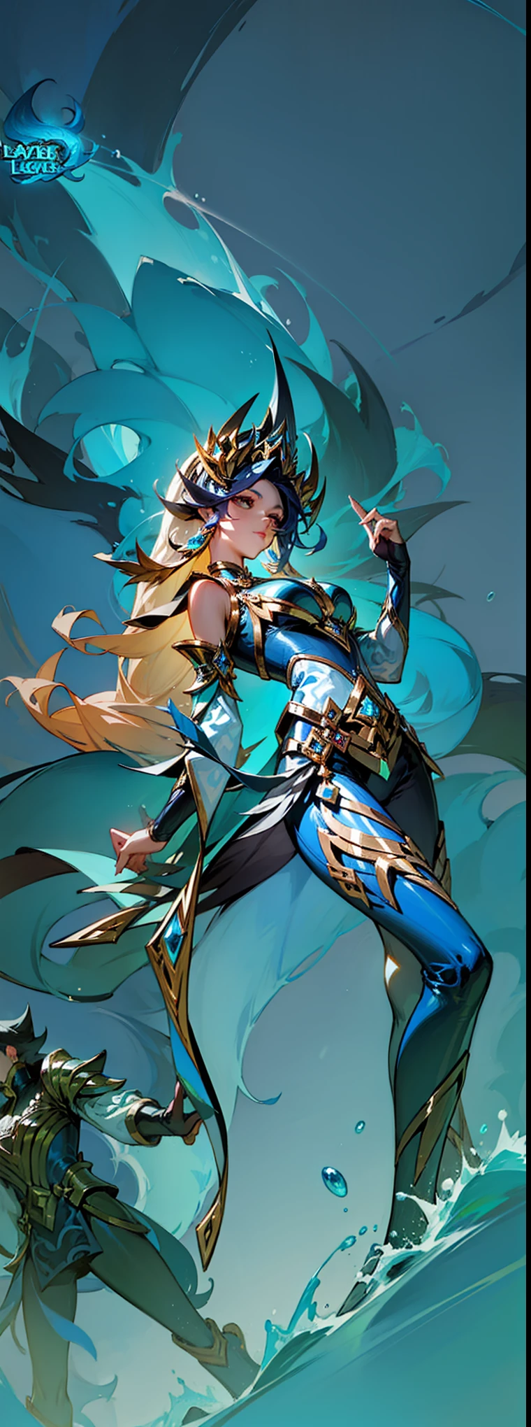 a female character, Queen of the Sea Mu Yanling, character splash art, League of Legends style, League of Legends art style, Wild Rift, Legends of Runeterra, mobile legends, g liulian art style, Official splash art,in the sea，huge wave，League of Legends art style, Official splash art, From League of Legends, League of Legends style art,Style ivan talavera and artgerm, fantasy art style, zanlatalia, character splash art，Blue atmosphere，cool color，Equipment is clear，Clearly portrayed，Outstanding quality