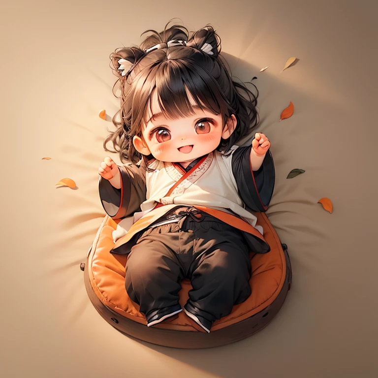 exquisite，Happy human baby lying on bed，having fun，Cute Chinese style Q version baby，Hanfu