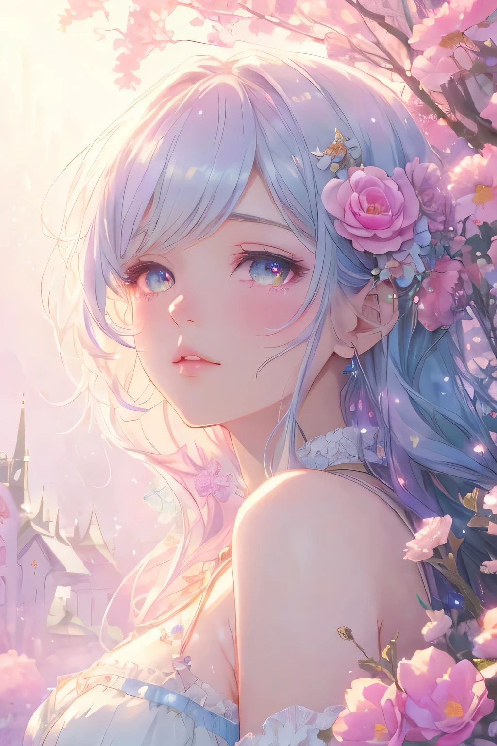 (High quality, 8K), (Soft light), Rainbow Color, One girl, Detailed face, Detailed eyes, watercolor paiting,  very magical and dreamy, dreamy and detailed, dreamy atmosphere and drama, Gorgeous atmosphere, Beautiful dreamy lighting, dreamy ambiance, Beautiful atmosphere, Dreamy Romantic, Ethereal dreamy theme, Magical atmosphere, Beautiful atmosphere, Anime Background Art, Magical atmosphere + masutepiece, dreamy aesthetic, Beautiful details with atmosphere, many flowers, bubble, water, flower garden, landscape, sparkle eyes