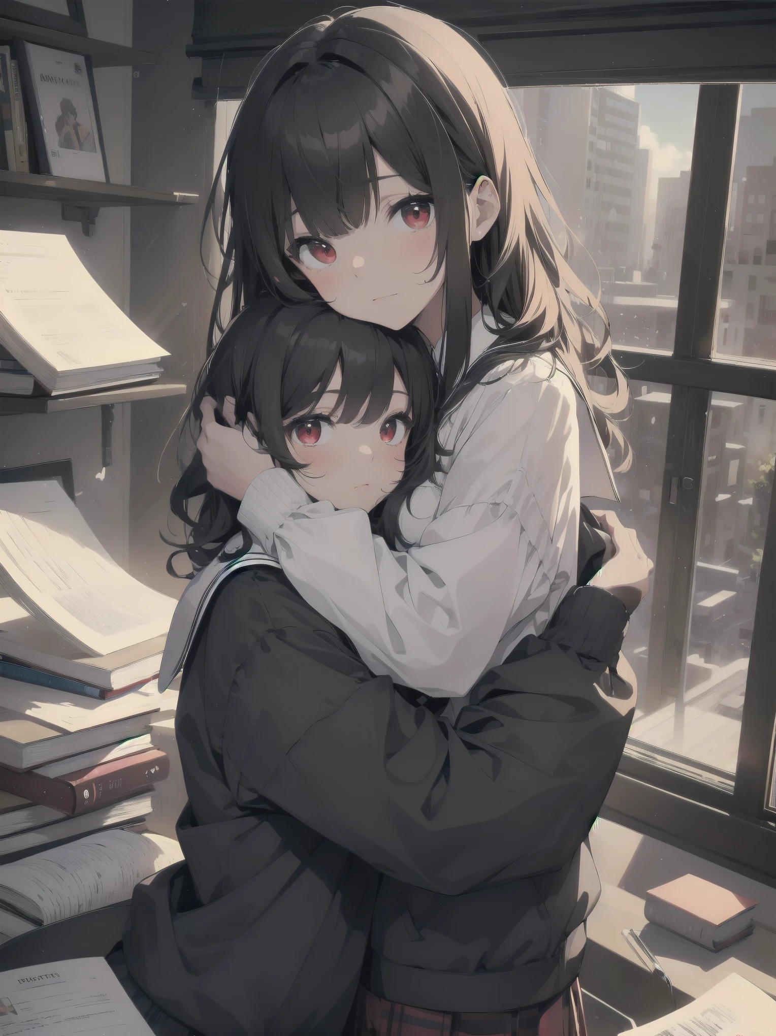 Anime girl hugging another girl in a library - SeaArt AI