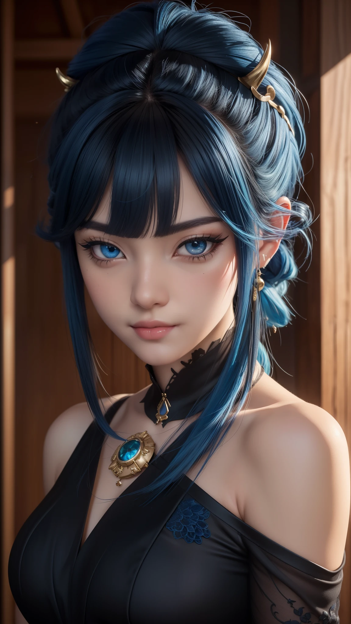 (photorealistic:1.4), (masterpiece, sidelighting, finely detailed beautiful eyes: 1.2), masterpiece*portrait, realistic, 3d face, 
ganyu \(genshin impact\), 1girl, ahoge, architecture, bangs, bare shoulders, bell, black gloves, black pantyhose, (blue hair)...