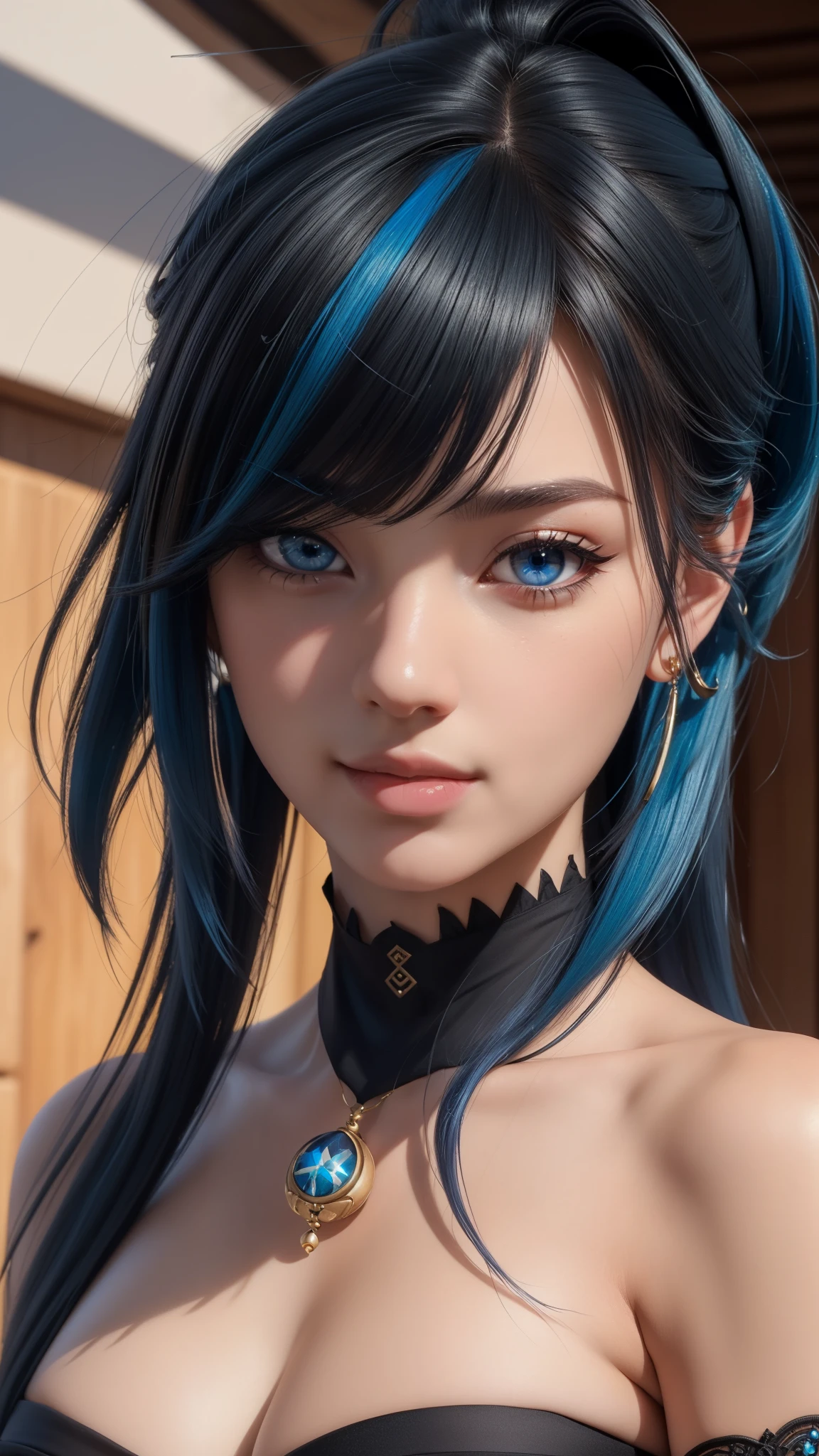 (photorealistic:1.4), (masterpiece, sidelighting, finely detailed beautiful eyes: 1.2), masterpiece*portrait, realistic, 3d face, 
ganyu \(genshin impact\), 1girl, ahoge, architecture, bangs, bare shoulders, bell, black gloves, black pantyhose, (blue hair)...