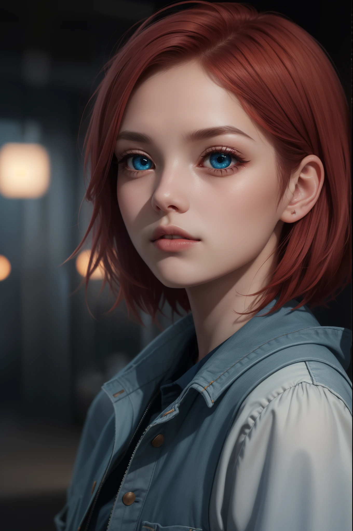 Light particles, soft lighting, volumetric lighting,
1girl, single,
red hair, short hair,
Blue eyes, long eyelashes, thick eyelashes, looking at the scenes,