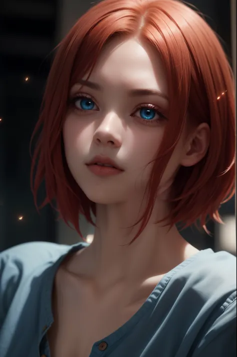 Light particles, soft lighting, volumetric lighting,
1girl, single,
red hair, short hair,
Blue eyes, long eyelashes, thick eyela...